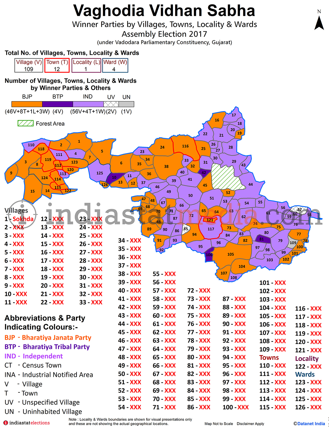 Winner Parties by Villages, Towns Localities & Wards in Vaghodia Assembly Constituency under Vadodara Parliamentary Constituency in Gujarat (Assembly Election - 2017)