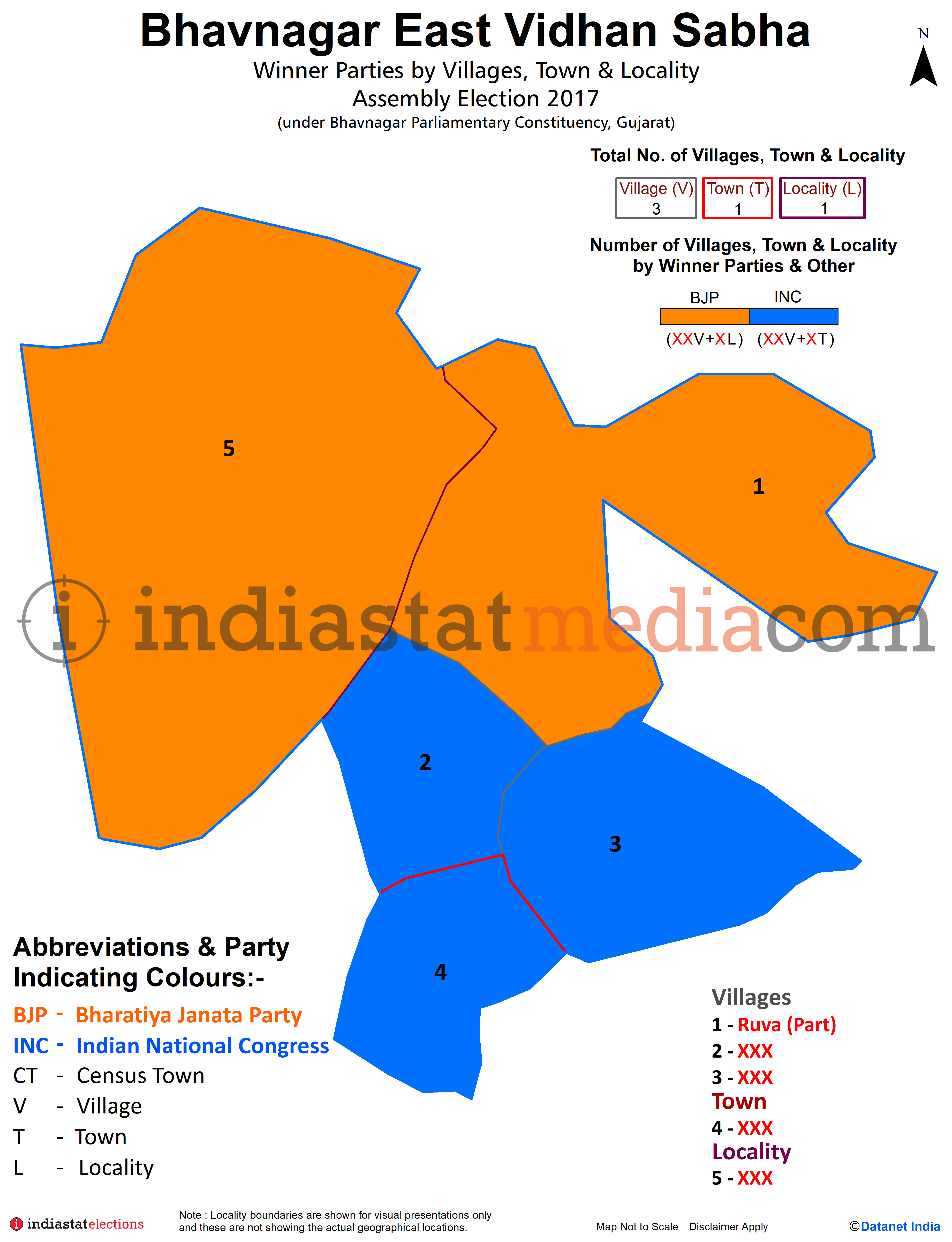 Winner Parties by Villages, Town & Locality in Bhavnagar East Assembly Constituency under Bhavnagar Parliamentary Constituency in Gujarat (Assembly Election - 2017)