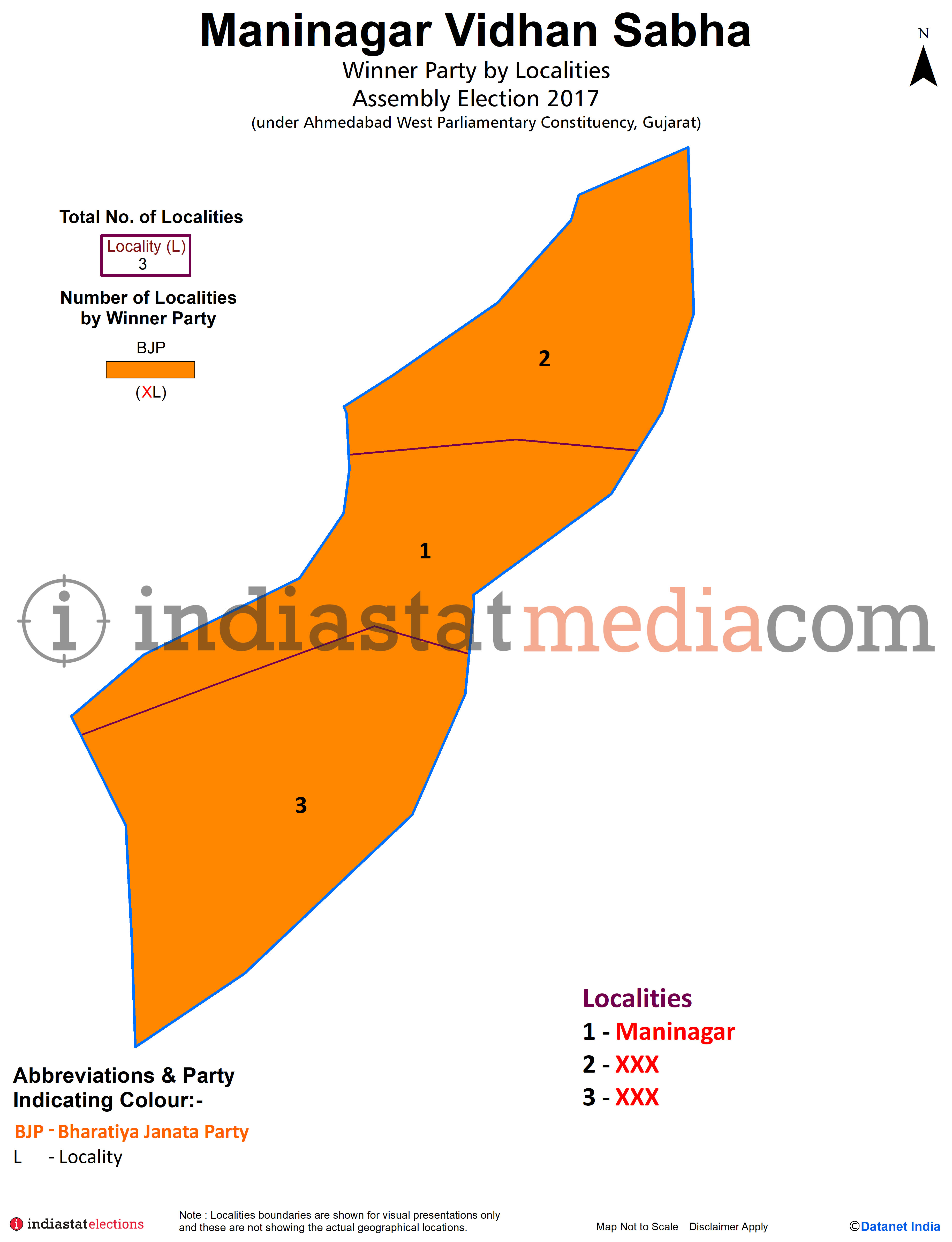 Winner Parties by Localities in Maninagar Assembly Constituency under Ahmedabad west Parliamentary Constituency in Gujarat (Assembly Election - 2017)