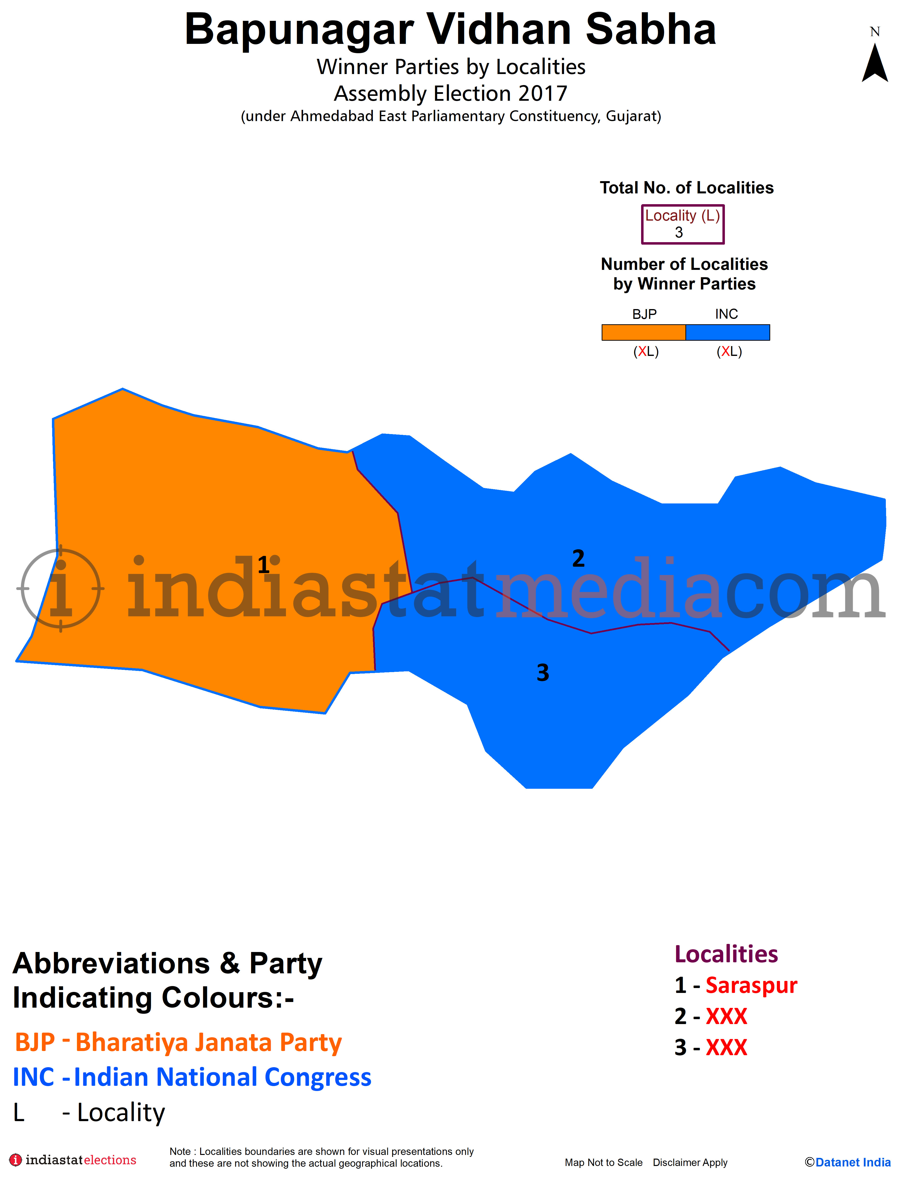 Winner Parties by Localities in Bapunagar Assembly Constituency under Ahmedabad East Parliamentary Constituency in Gujarat (Assembly Election - 2017)