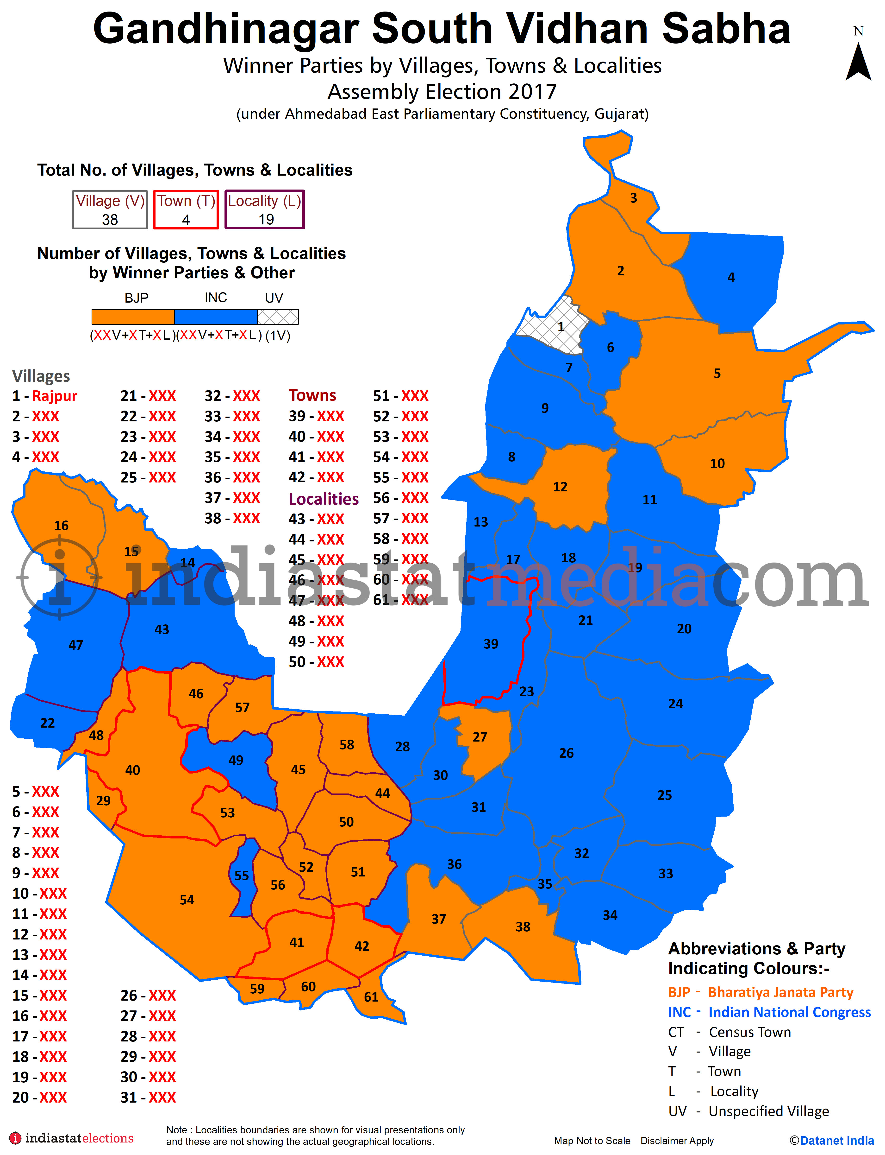 Winner Parties by Villages, Towns and Localities in Gandhinagar South Assembly Constituency under Ahmedabad Parliamentary Constituency in Gujarat (Assembly Election - 2017)