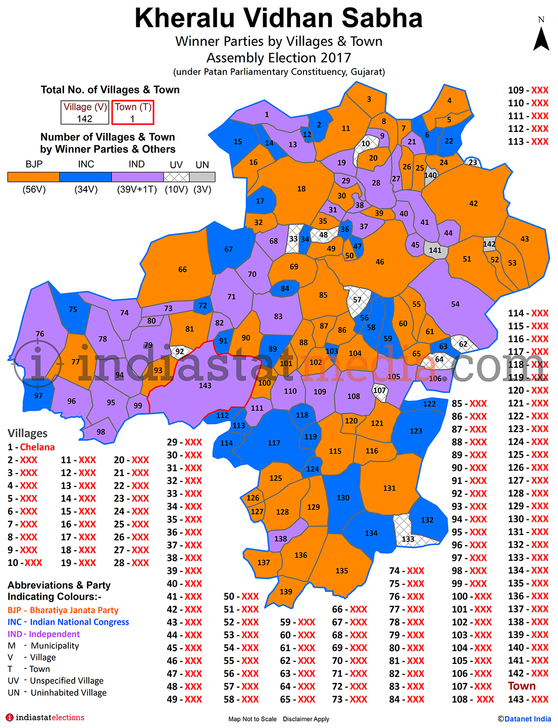 Winner Parties by Villages and Town in Kheralu Assembly Constituency under Patan Parliamentary Constituency in Gujarat (Assembly Election - 2017)