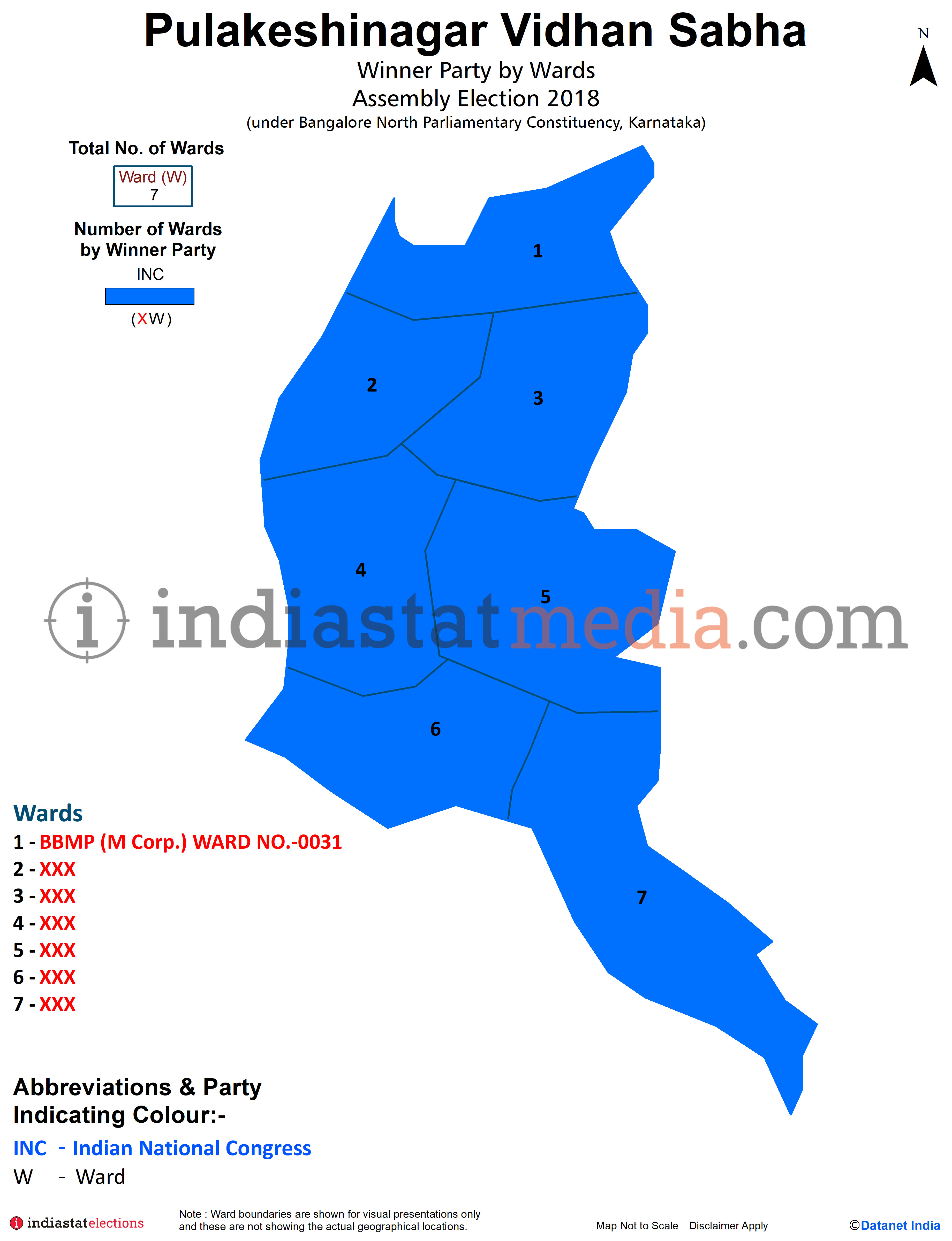 Winner Parties by Wards in Pulakeshinagar Assembly Constituency under Bangalore North Parliamentary Constituency in Karnataka (Assembly Election - 2018)