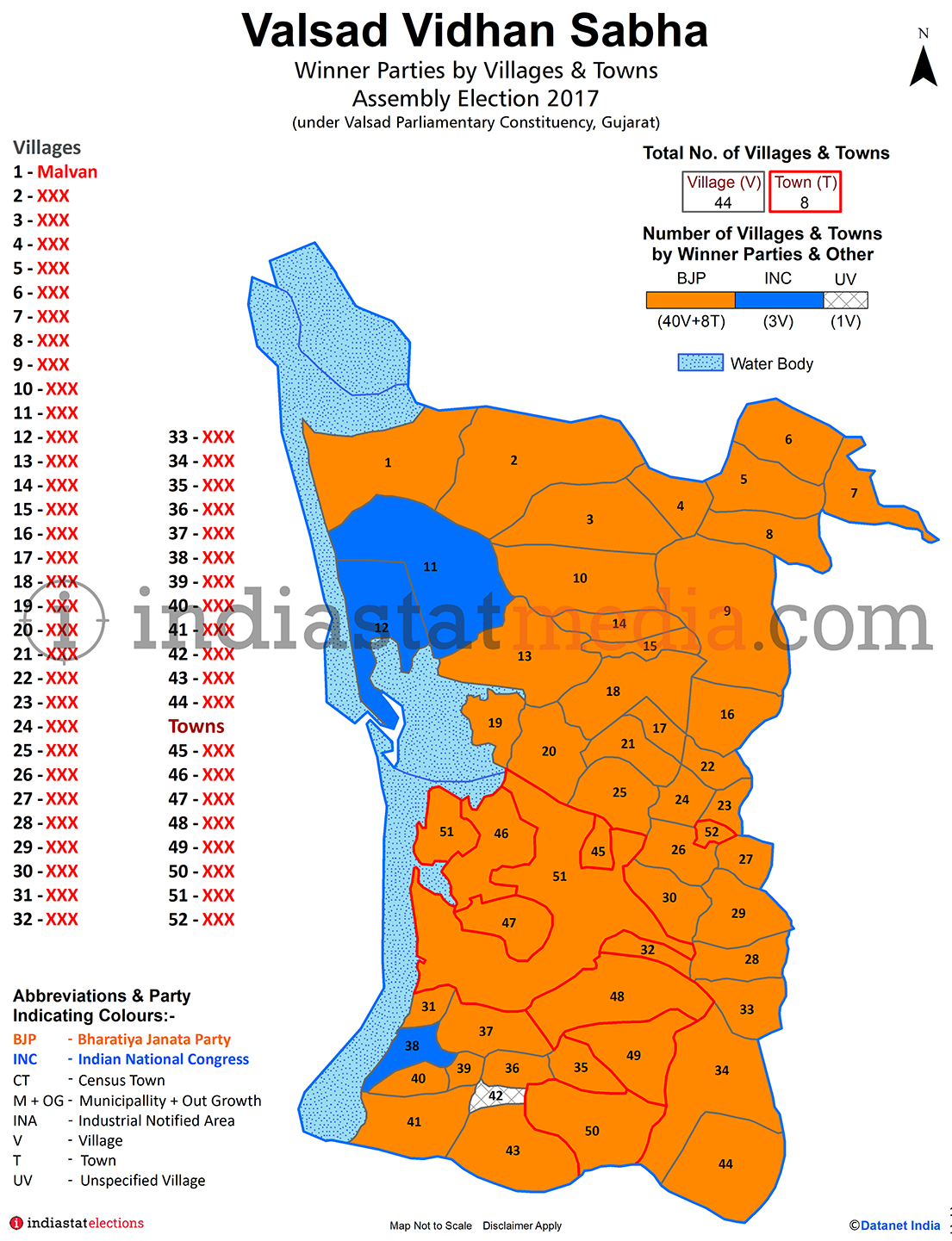 Winner Parties by Villages and Towns in Valsad Assembly Constituency under Valsad Parliamentary Constituency in Gujarat (Assembly Election - 2017)