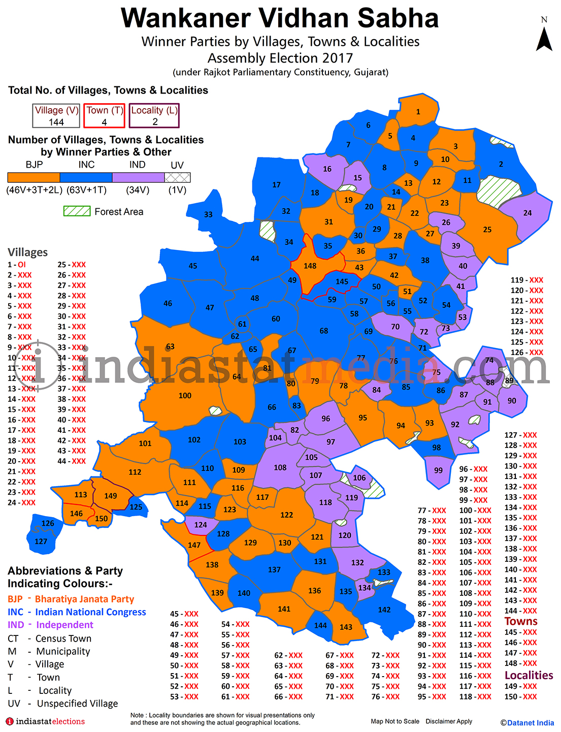 Winner Parties by Villages, Towns & Localities in Wankaner Assembly Constituency under Rajkot Parliamentary Constituency in Gujarat (Assembly Election - 2017)
