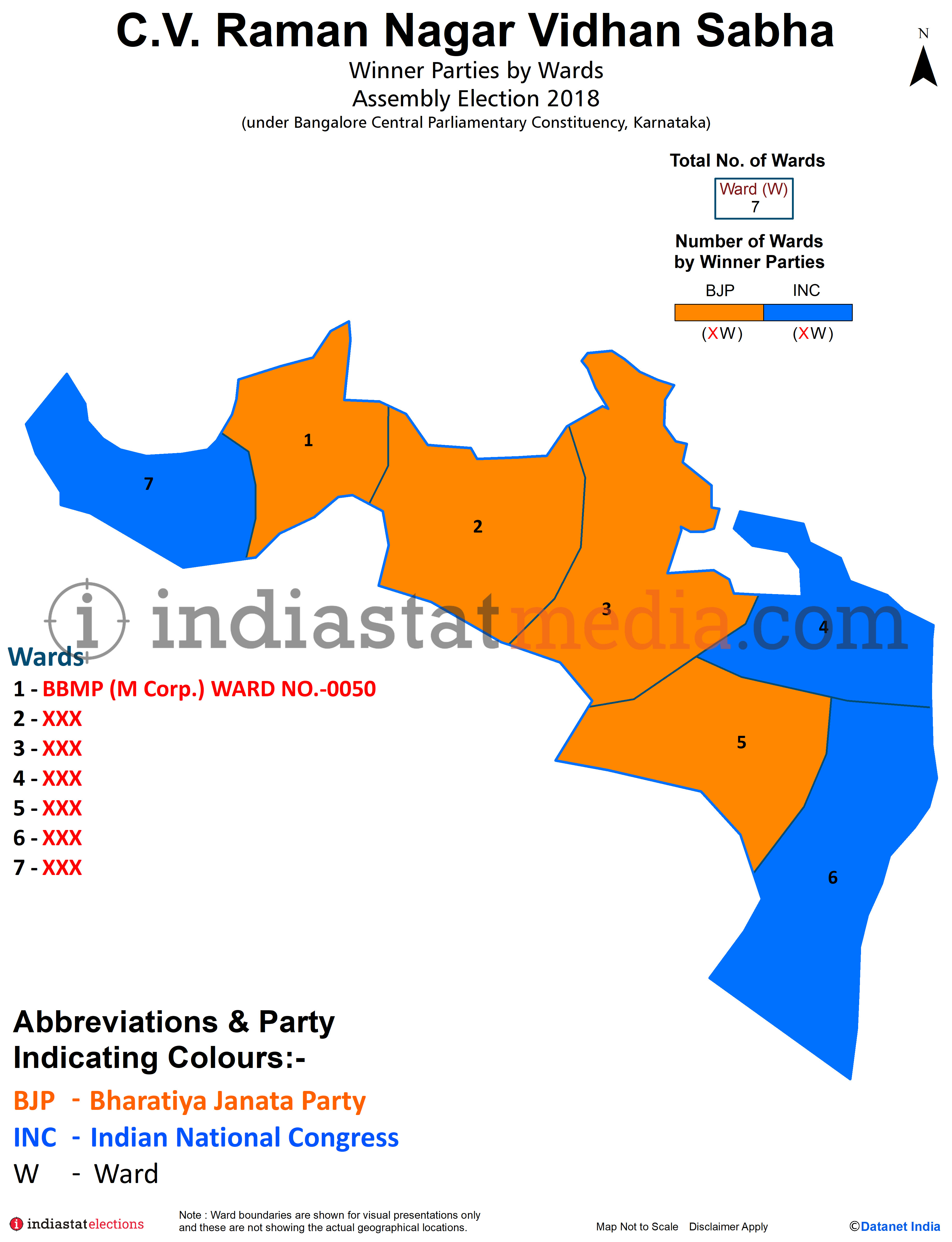 Winner Parties by Ward in C.V. Raman Nagar Assembly Constituency under Bangalore Central Parliamentary Constituency in Karnataka (Assembly Election - 2018)