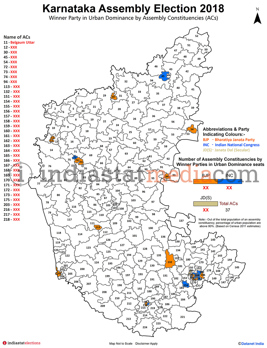 Winner Parties in Urban Dominance Constituencies in Karnataka (Assembly Election - 2018)