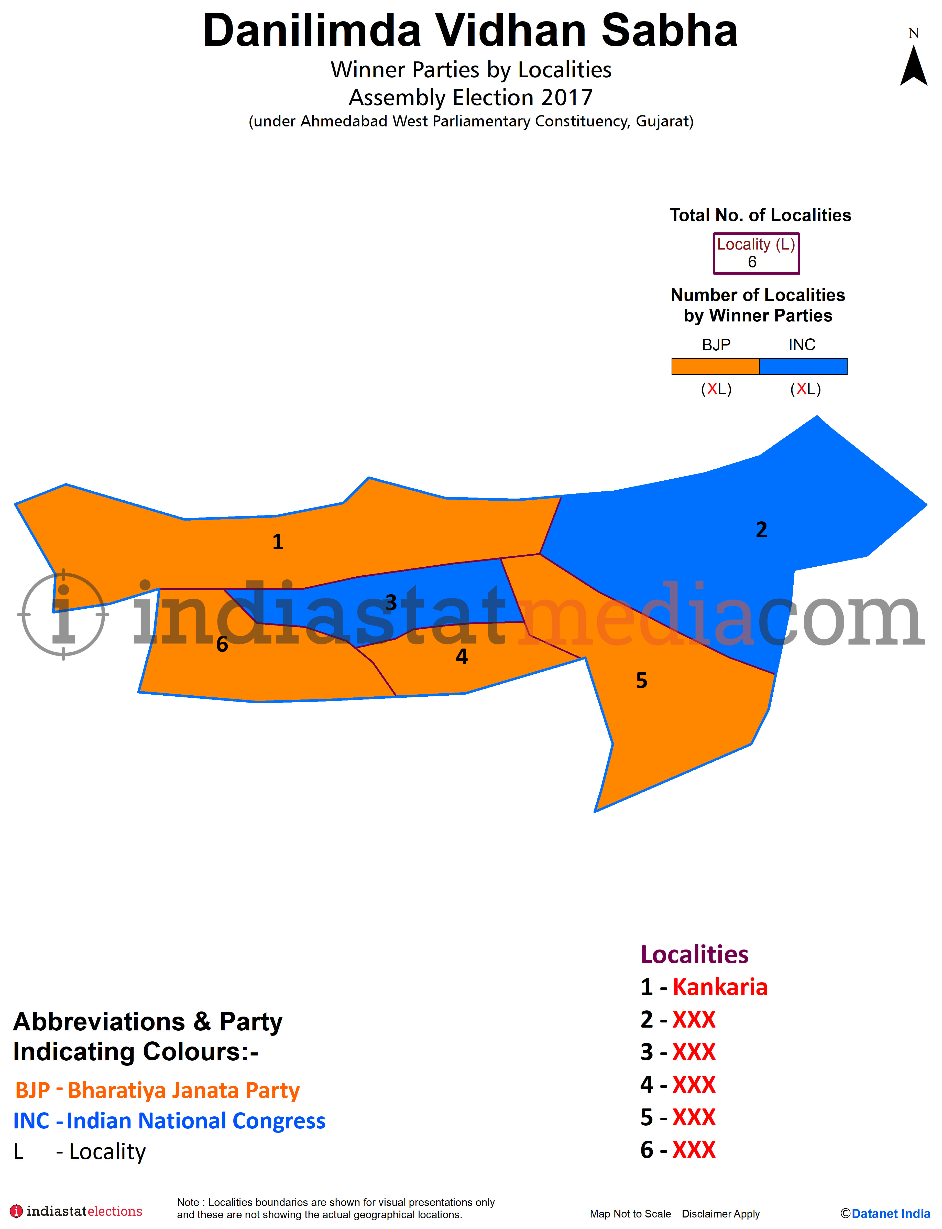 Winner Parties by Localities in Danilimda Assembly Constituency under Ahmedabad West Parliamentary Constituency in Gujarat (Assembly Election - 2017)