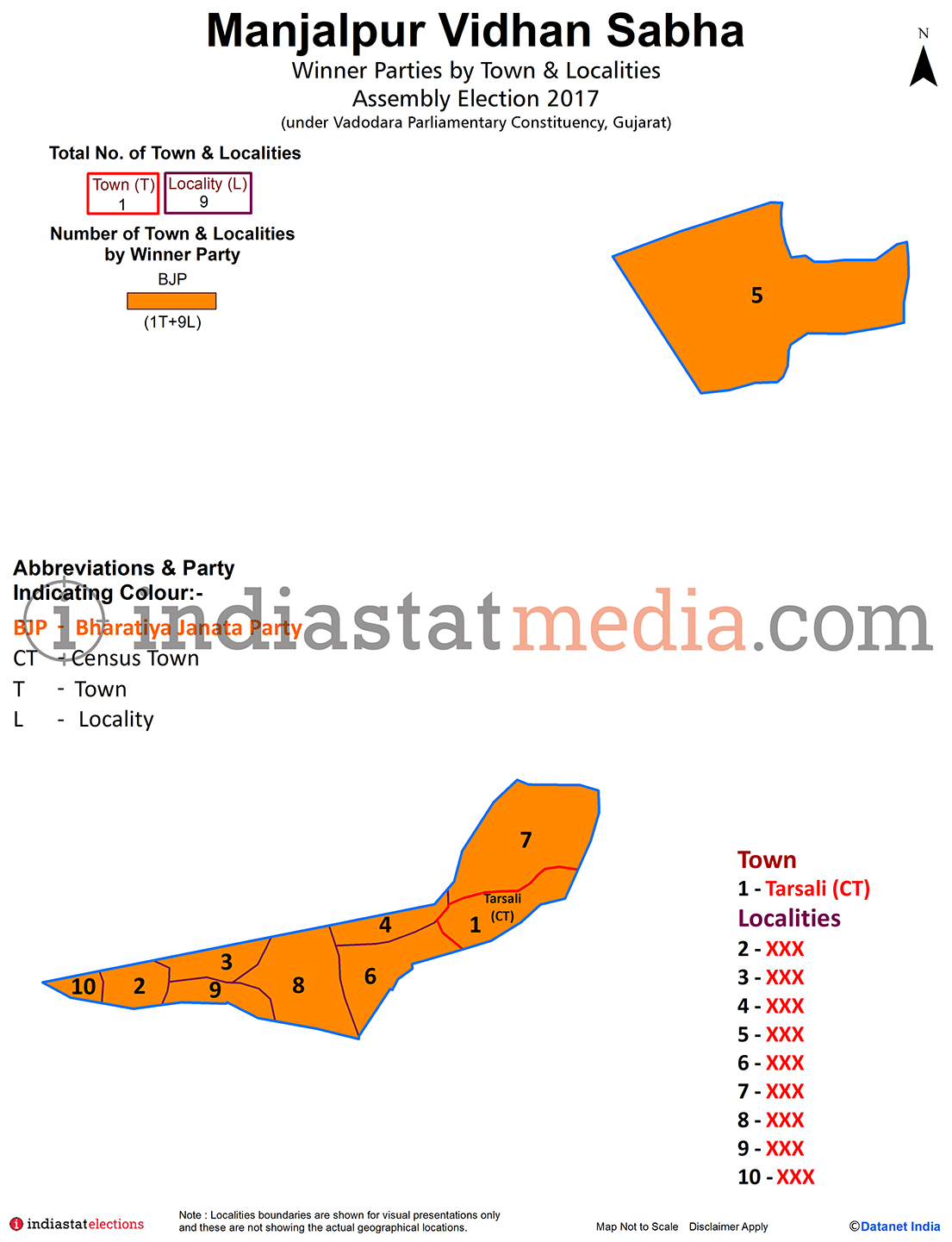 Winner Parties by Town and Localities in Manjalpur Assembly Constituency under Vadodara Parliamentary Constituency in Gujarat (Assembly Election - 2017)