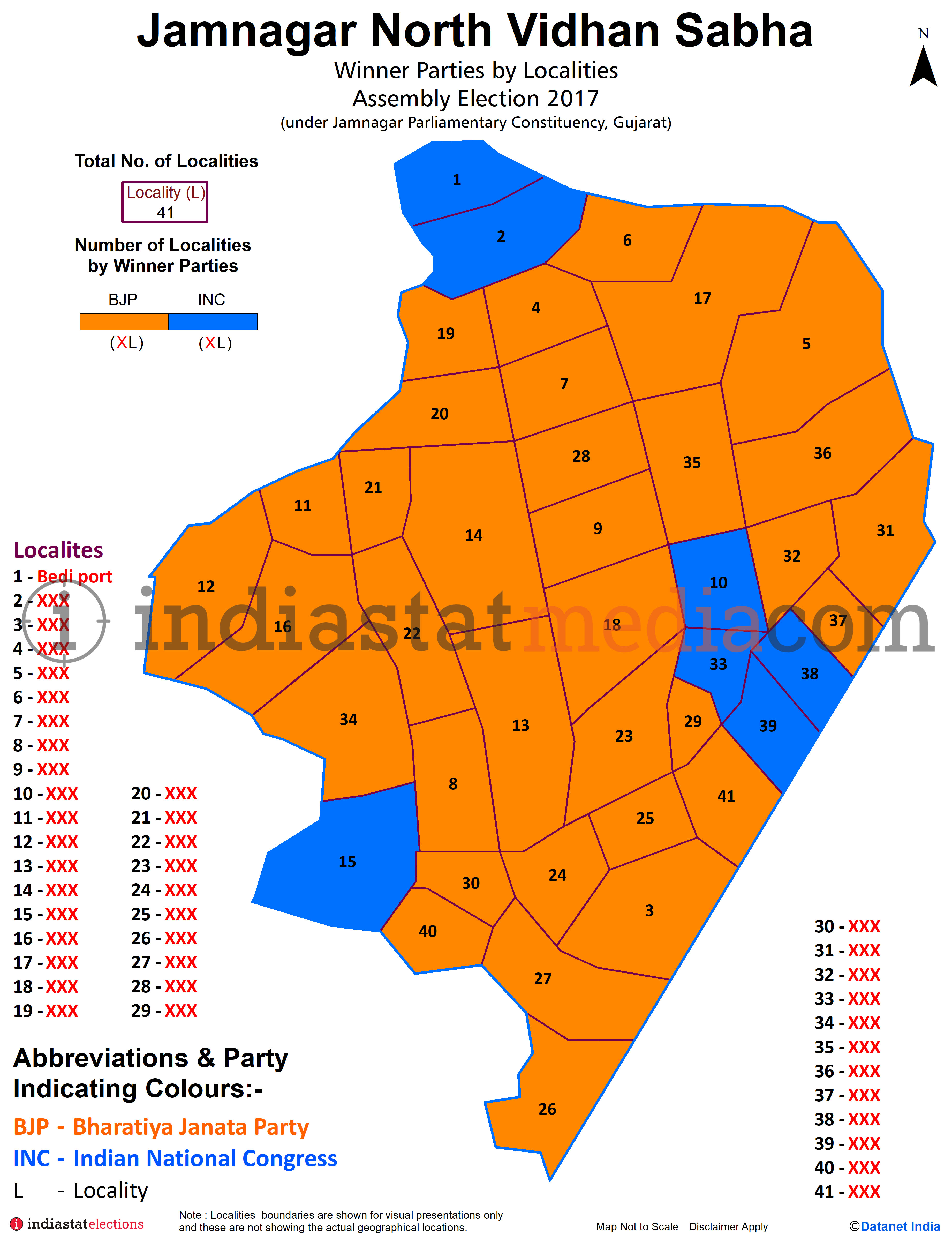 Winner Parties by Localities in Jamnagar North Assembly Constituency under Jamnagar Parliamentary Constituency in Gujarat (Assembly Election - 2017)
