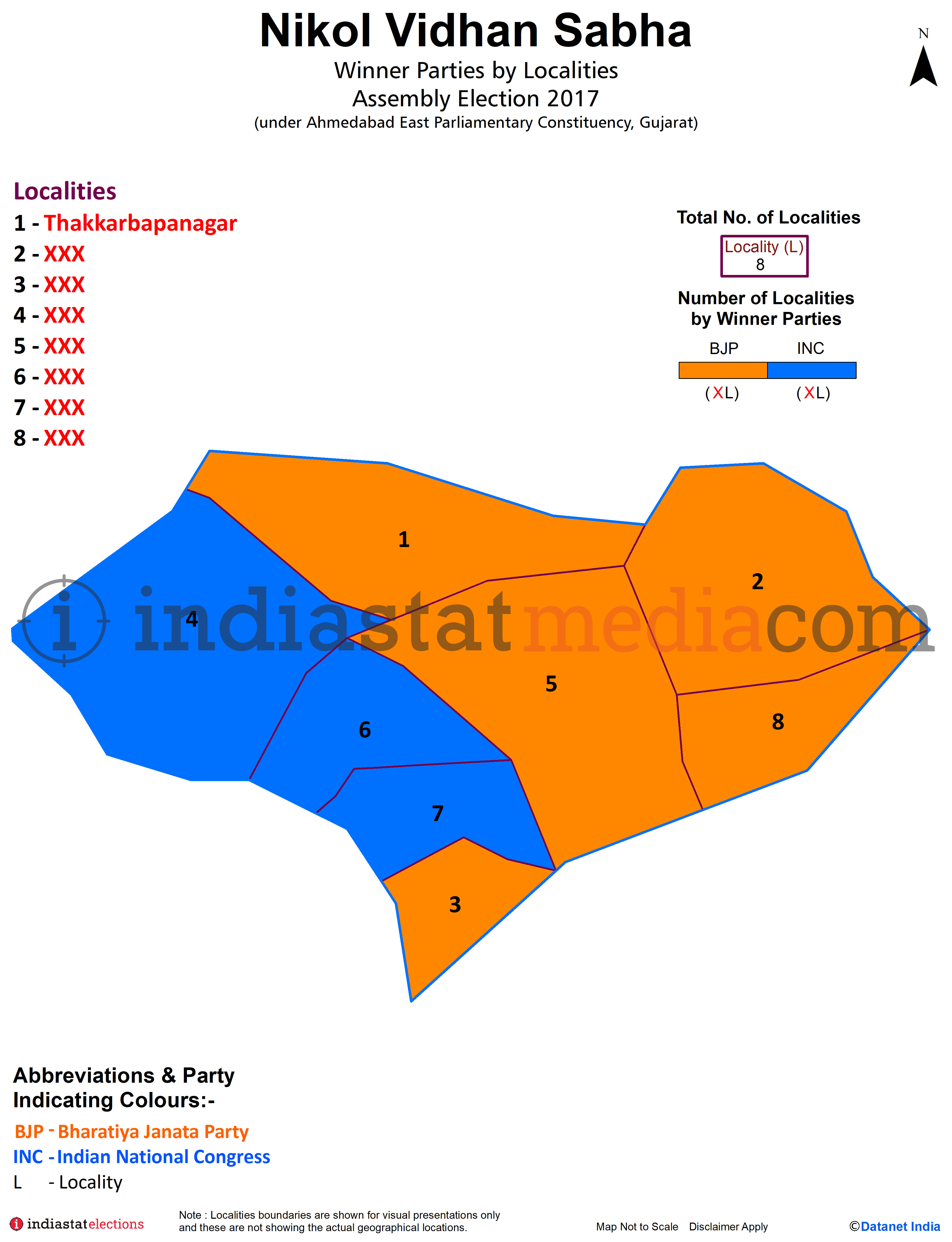 Winner Parties by Localities in Nikol Assembly Constituency under Ahmedabad East Parliamentary Constituency in Gujarat (Assembly Election - 2017)