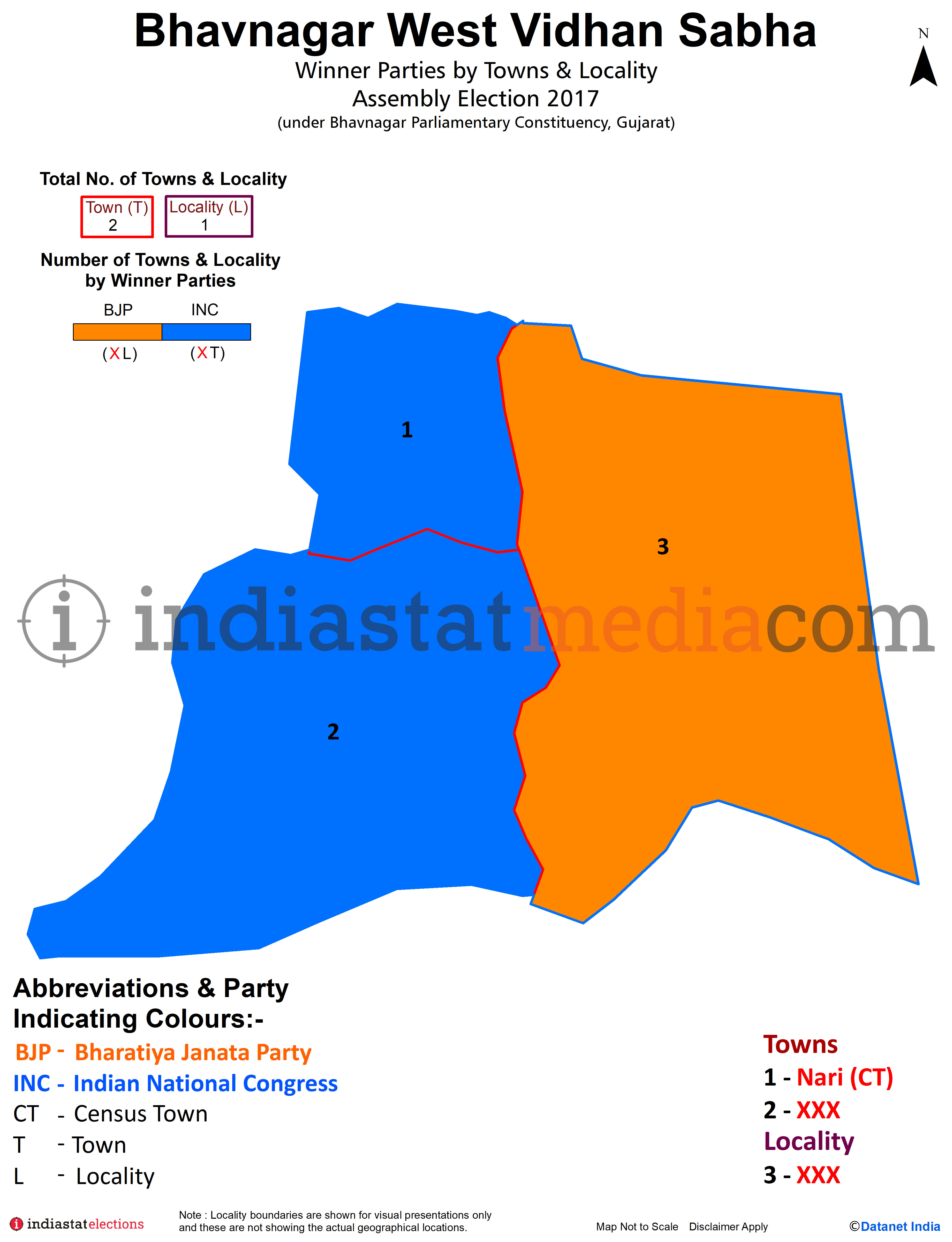 Winner Parties by Towns and Localities in Bhavnagar West Assembly Constituency under Bhavnagar Parliamentary Constituency in Gujarat (Assembly Election - 2017)