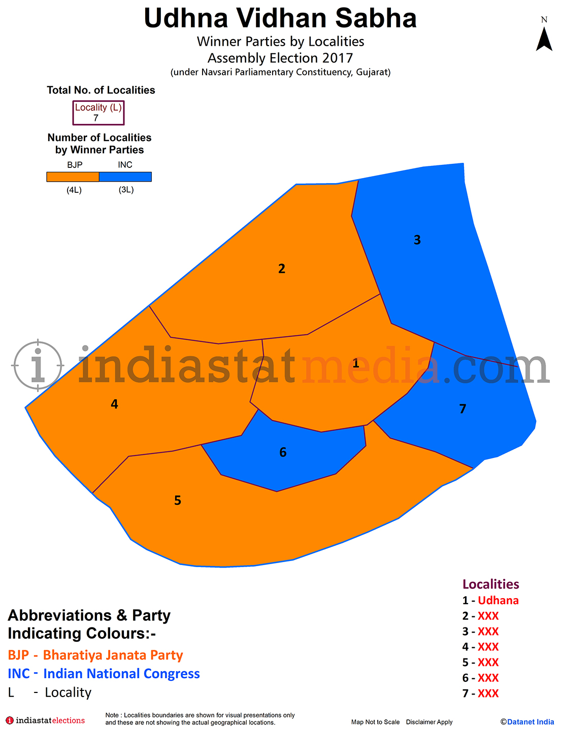 Winner Parties by Localities in Udhna Assembly Constituency under Navsari Parliamentary Constituency in Gujarat (Assembly Election - 2017)