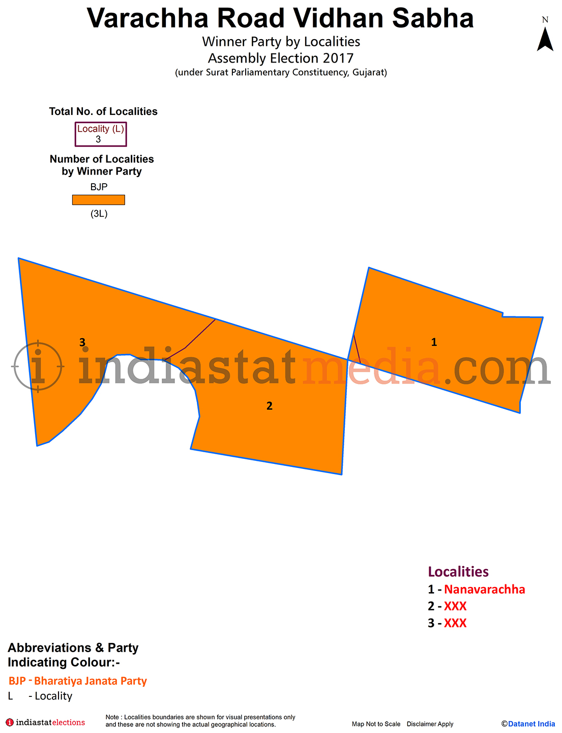 Winner Parties by Localities in Varachha Road Assembly Constituency under Surat Parliamentary Constituency in Gujarat (Assembly Election - 2017)