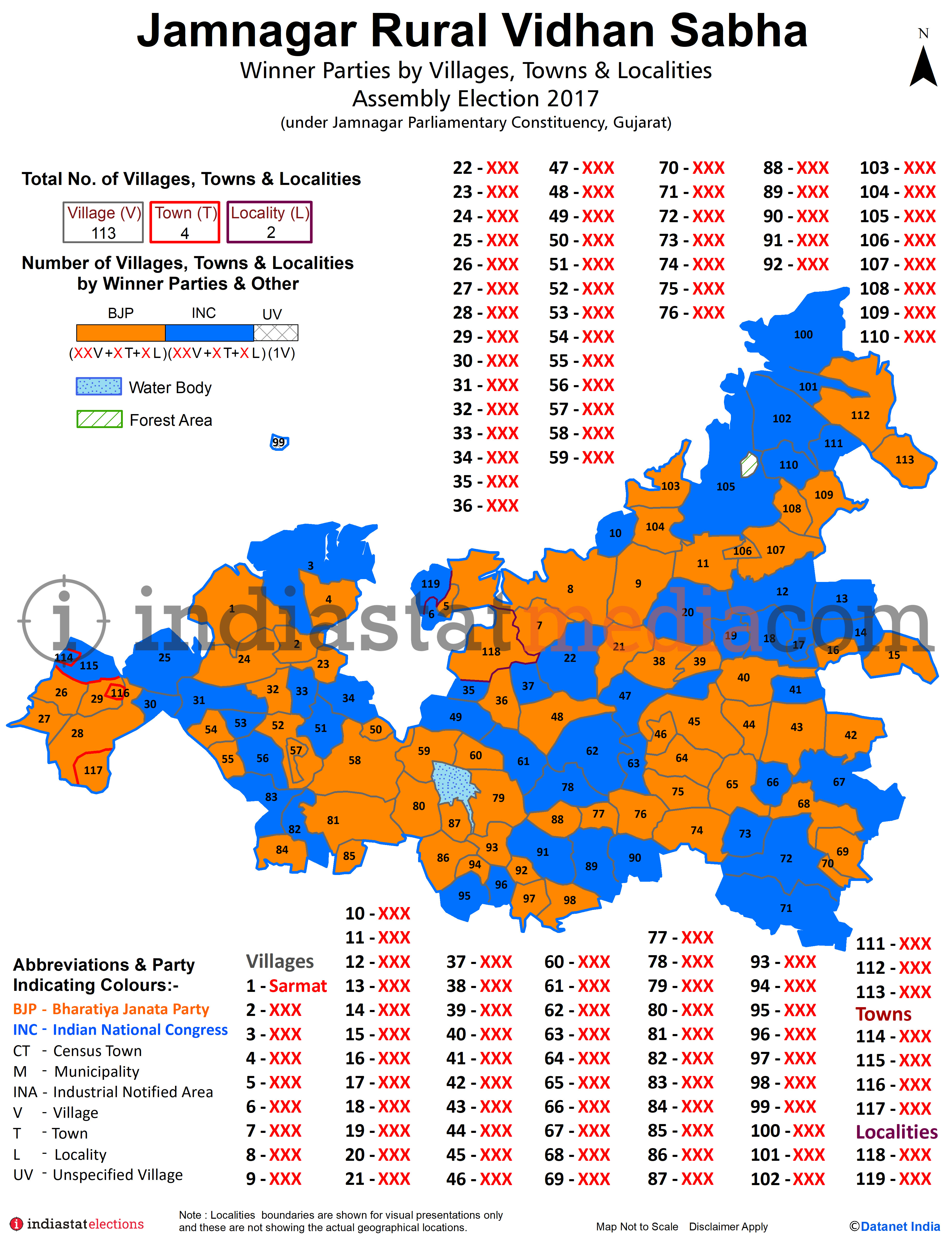 Winner Parties by Villages, Towns & Localities in Jamnagar Rural Assembly Constituency under Jamnagar Parliamentary Constituency in Gujarat (Assembly Election - 2017)