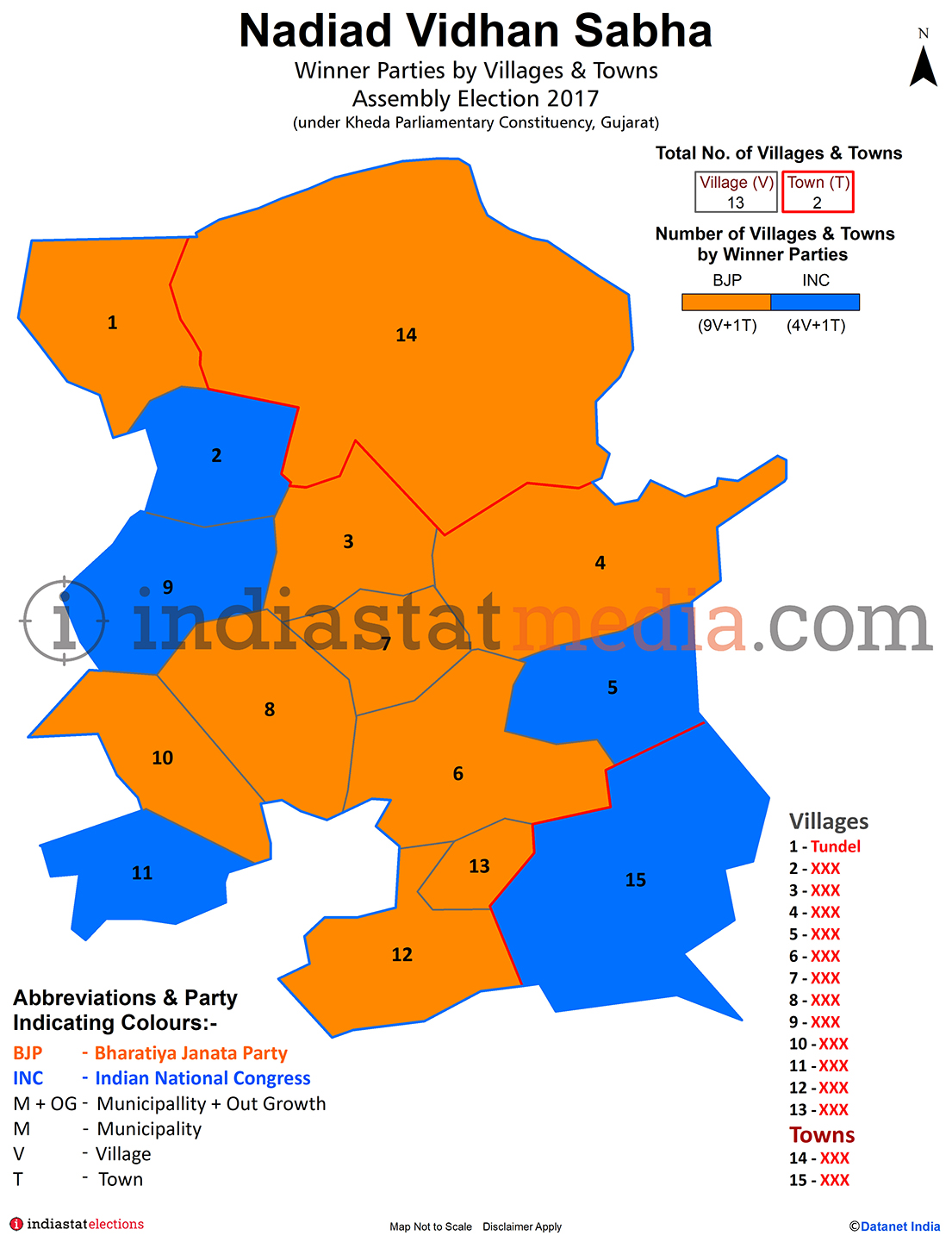 Winner Parties by Villages and Towns in Nadiad Assembly Constituency under Kheda Parliamentary Constituency in Gujarat (Assembly Election - 2017)
