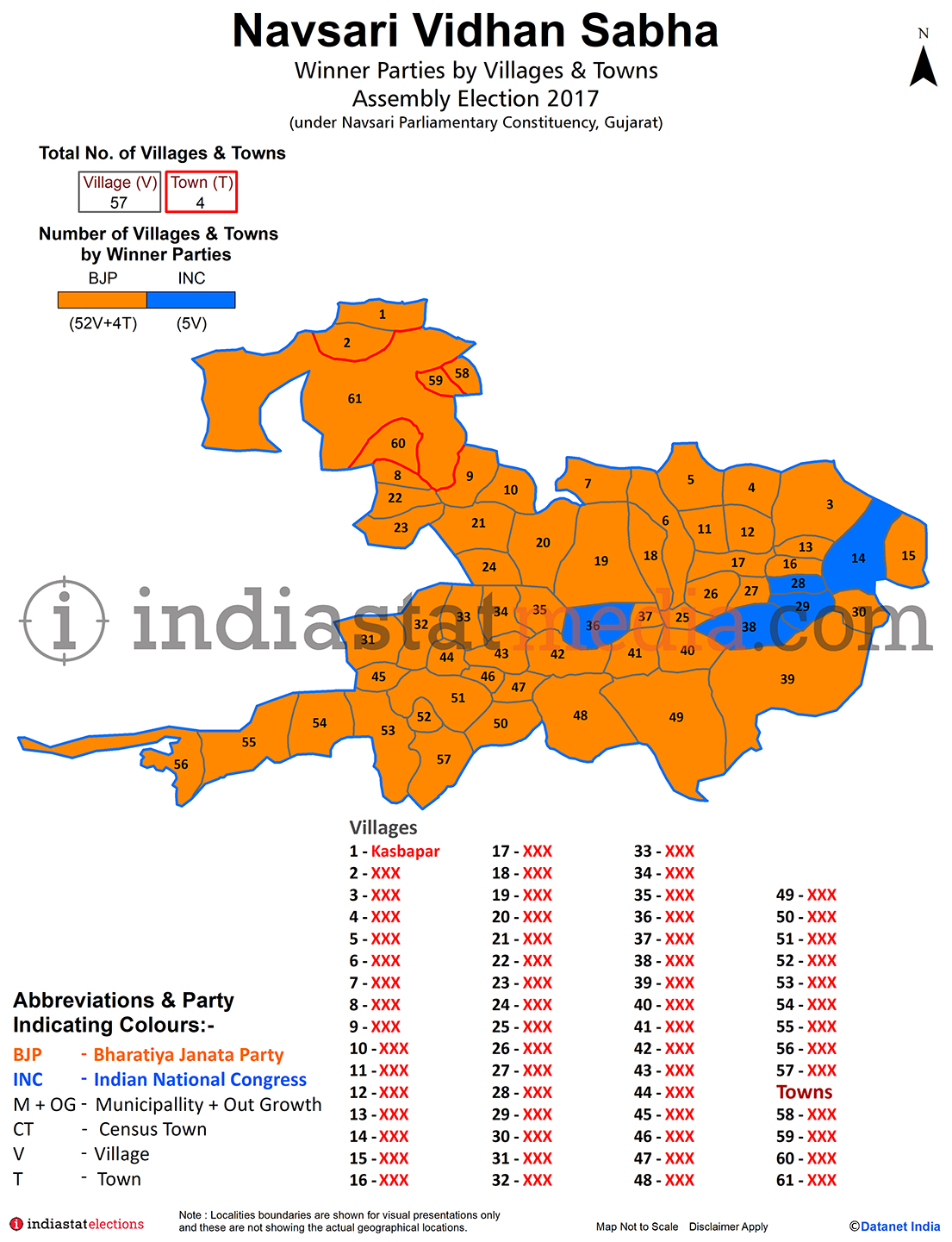 Winner Parties by Villages and Towns in Navsari Assembly Constituency under Navsari Parliamentary Constituency in Gujarat (Assembly Election - 2017)