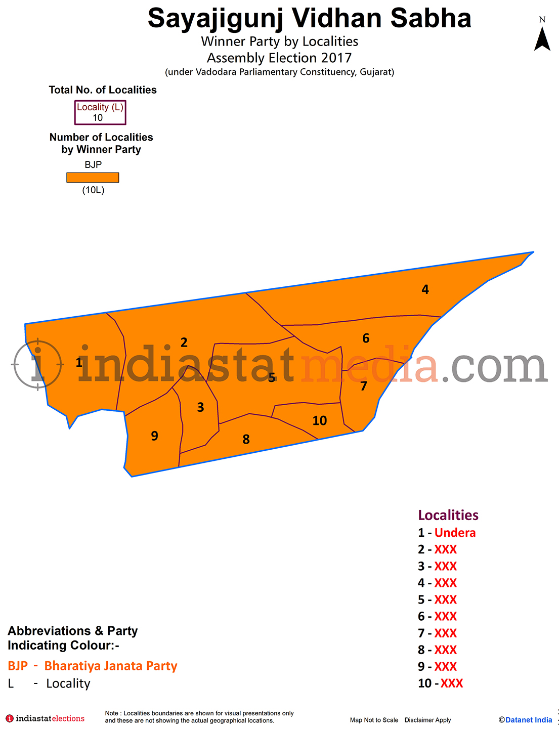 Winner Parties by Localities in Sayajigunj Assembly Constituency under Vadodara Parliamentary Constituency in Gujarat (Assembly Election - 2017)