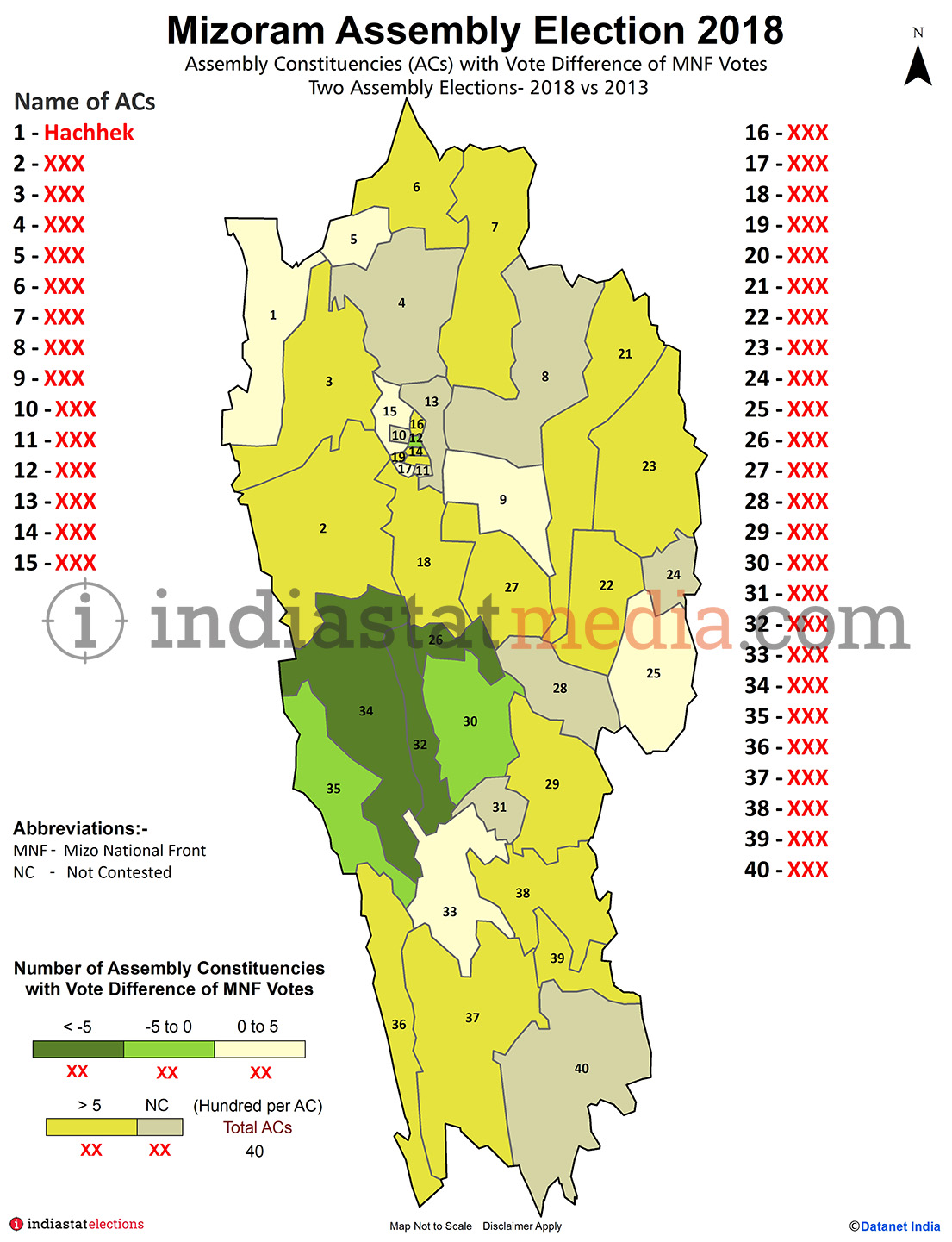 Assembly Constituencies with Vote Difference of MNF Votes in Mizoram (Assembly Elections - 2013 & 2018)