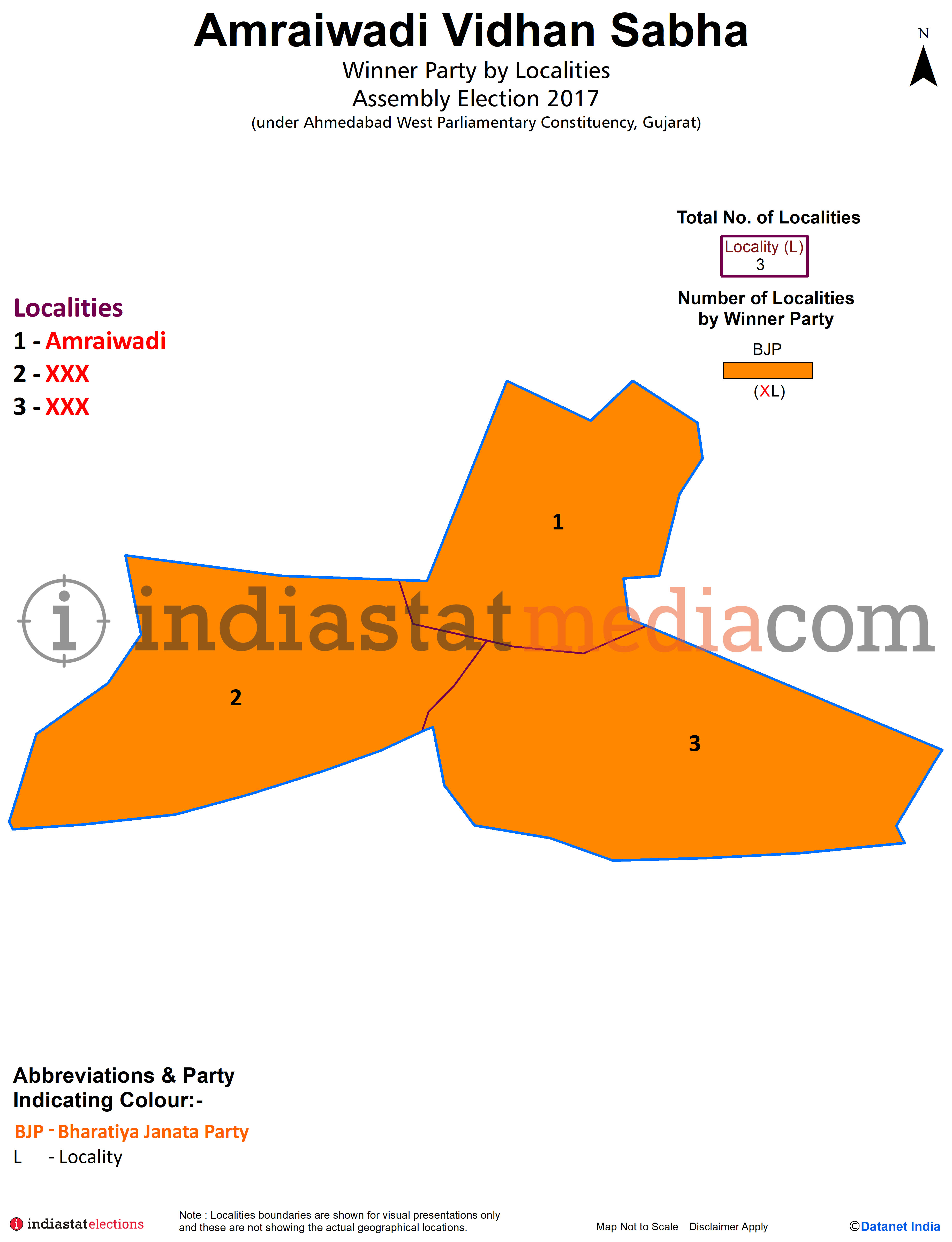 Winner Parties by Localities in Amraiwadi Assembly Constituency under Ahmedabad West Parliamentary Constituency in Gujarat (Assembly Election - 2017)