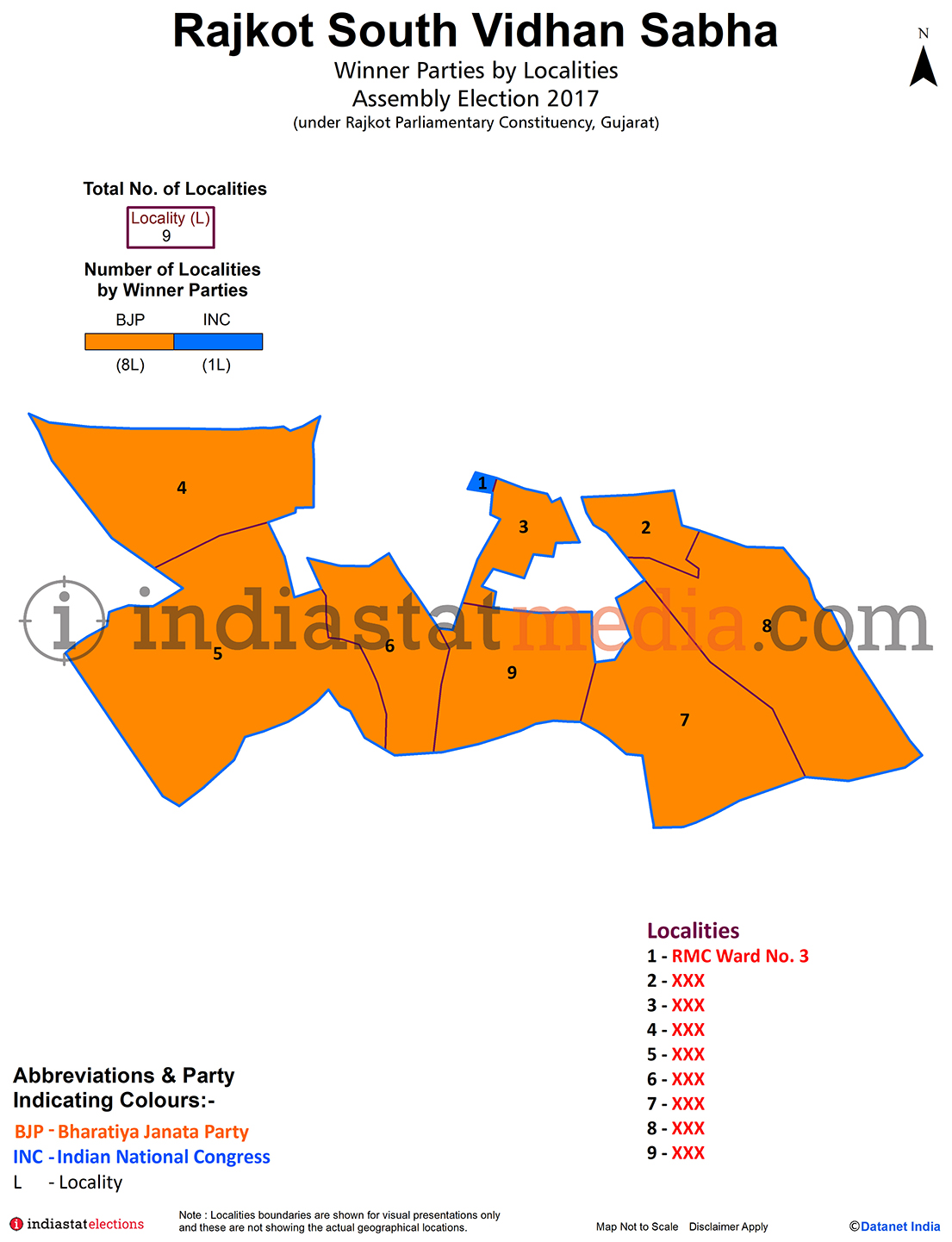 Winner Parties by Localities in Rajkot South Assembly Constituency under Rajkot Parliamentary Constituency in Gujarat (Assembly Election - 2017)