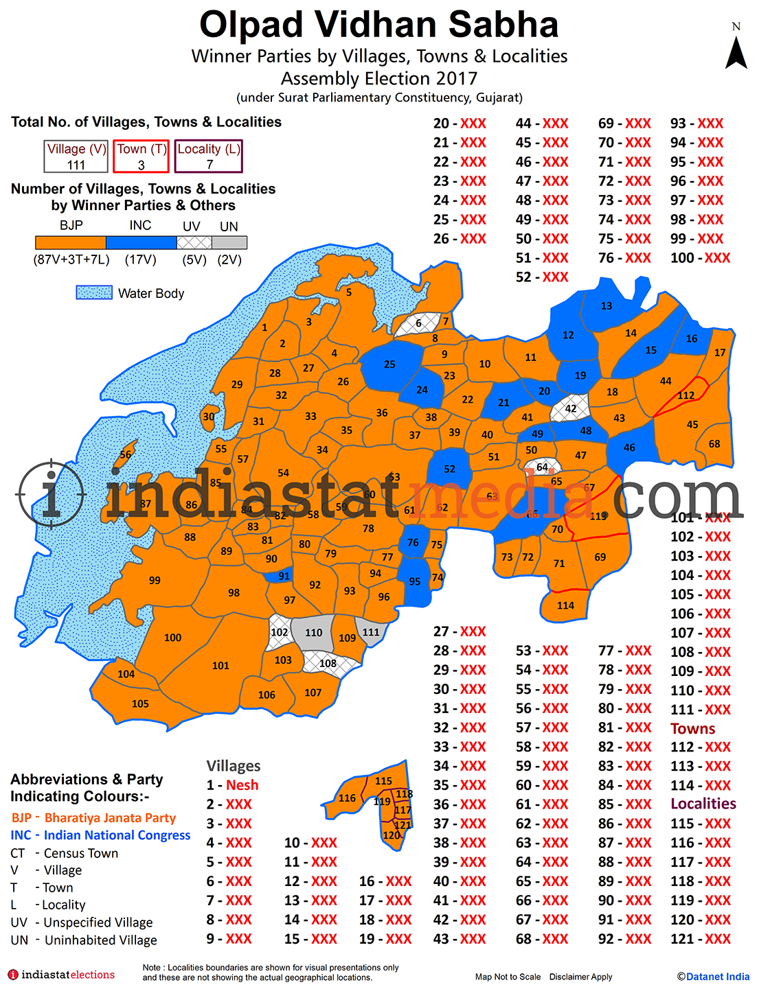 Winner Parties by Villages, Towns & Localities in Olpad Assembly Constituency under Surat Parliamentary Constituency in Gujarat (Assembly Election - 2017)